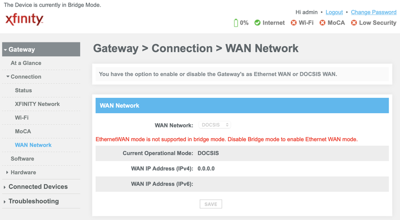 XFINITY XB7 WAN Network DOCSIS